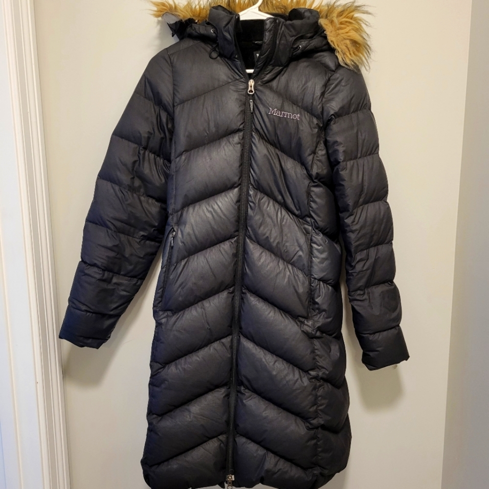 Marmot Black Long Down Puffer Coat with Faux Fur Hood